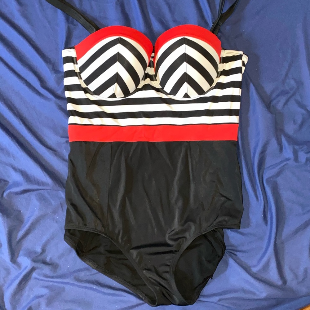 Torrid Red White & Black Striped Retro Swimsuit 1